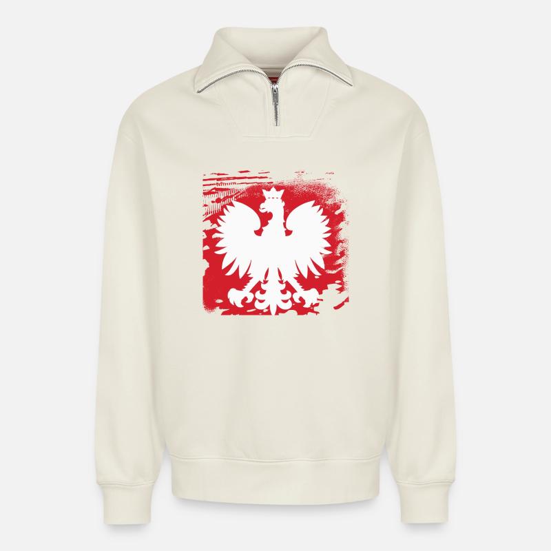 Pologne - Sweat unisexe décontracté en coton biologique à demi-zip – de SPREAD - blanc cassé