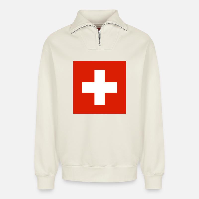 Schweiz - Relaxed Unisex Organic Half Zip Sweatshirt – von SPREAD - Naturweiß