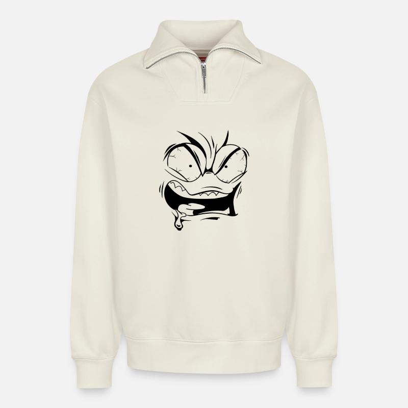 Angry face - Relaxed Unisex Organic Half Zip Sweatshirt – by SPREAD - off white