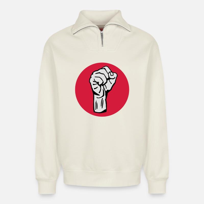 Fist - Protest - Democracy - Relaxed Unisex Organic Half Zip Sweatshirt – by SPREAD - off white