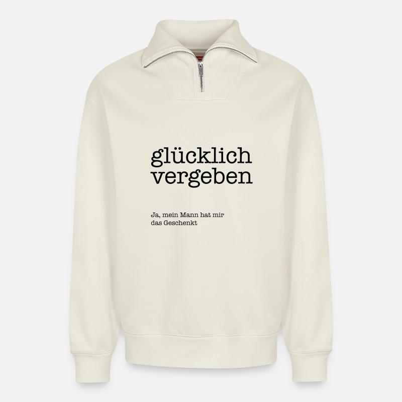 Glücklich vergeben! - Relaxed Unisex Organic Half Zip Sweatshirt – von SPREAD - Naturweiß