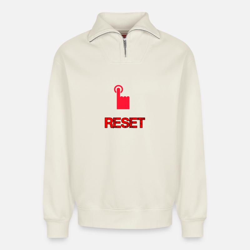 Restart button - Relaxed Unisex Organic Half Zip Sweatshirt – by SPREAD - off white