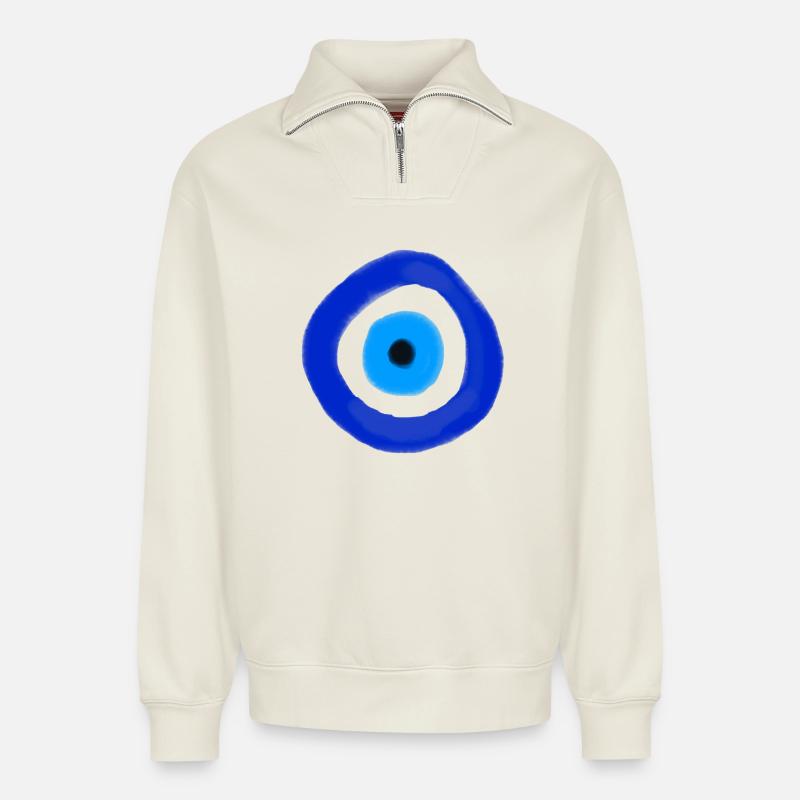 Blue Orbit Eye Abstract - Relaxed Unisex Organic Half Zip Sweatshirt – von SPREAD - Naturweiß