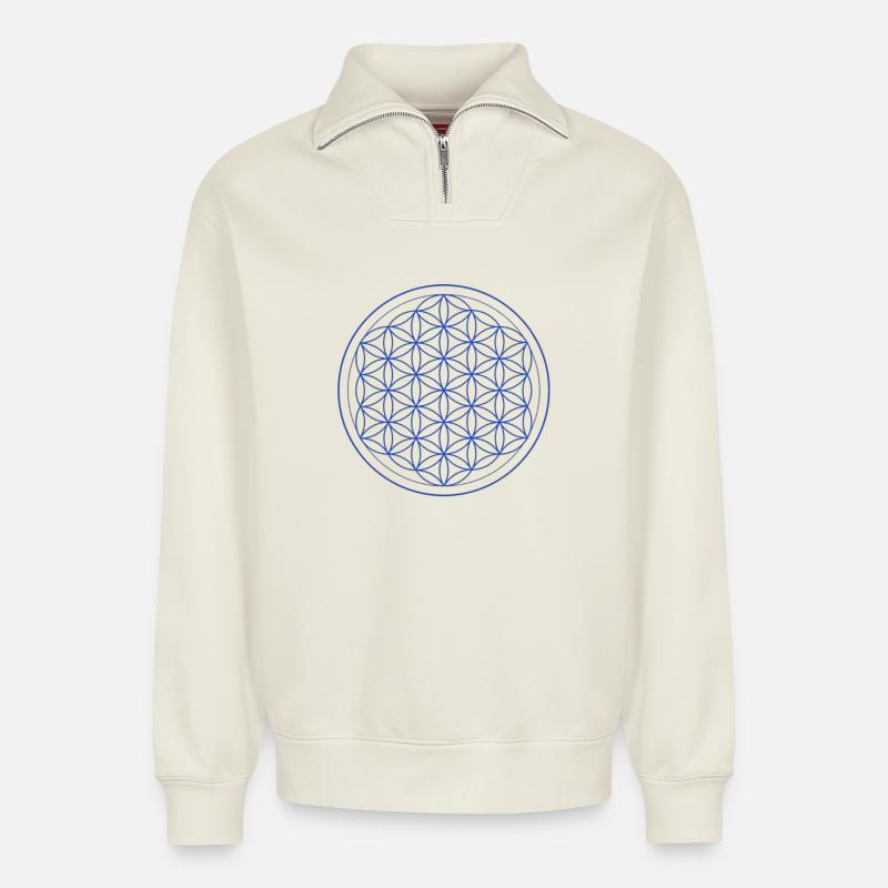 Cercle Bleu Jaune Fleur de Vie - Sweat unisexe décontracté en coton biologique à demi-zip – de SPREAD - blanc cassé