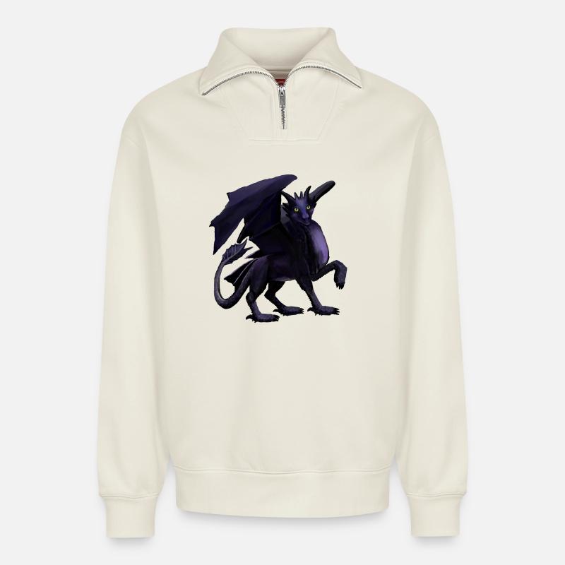 Schwarzer Drache - Relaxed Unisex Organic Half Zip Sweatshirt – von SPREAD - Naturweiß