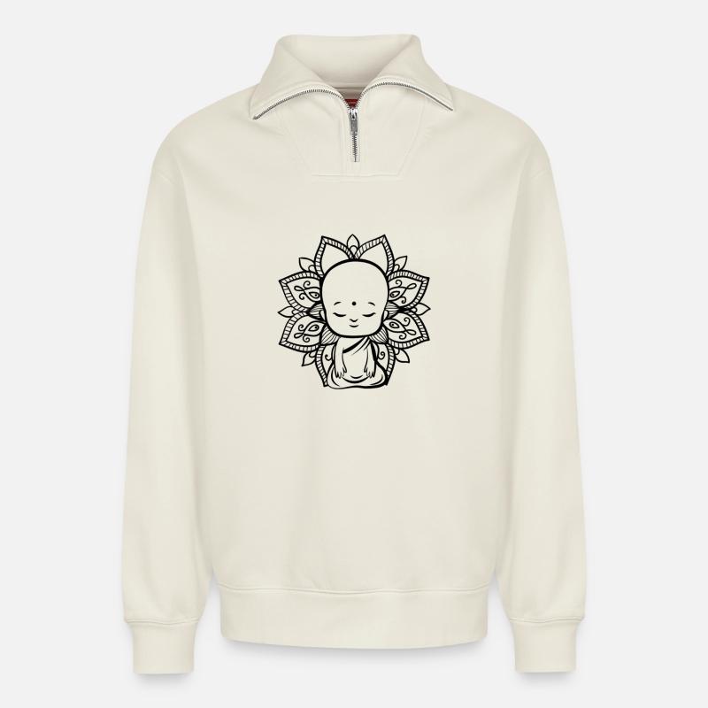 Bouddha - Sweat unisexe décontracté en coton biologique à demi-zip – de SPREAD - blanc cassé