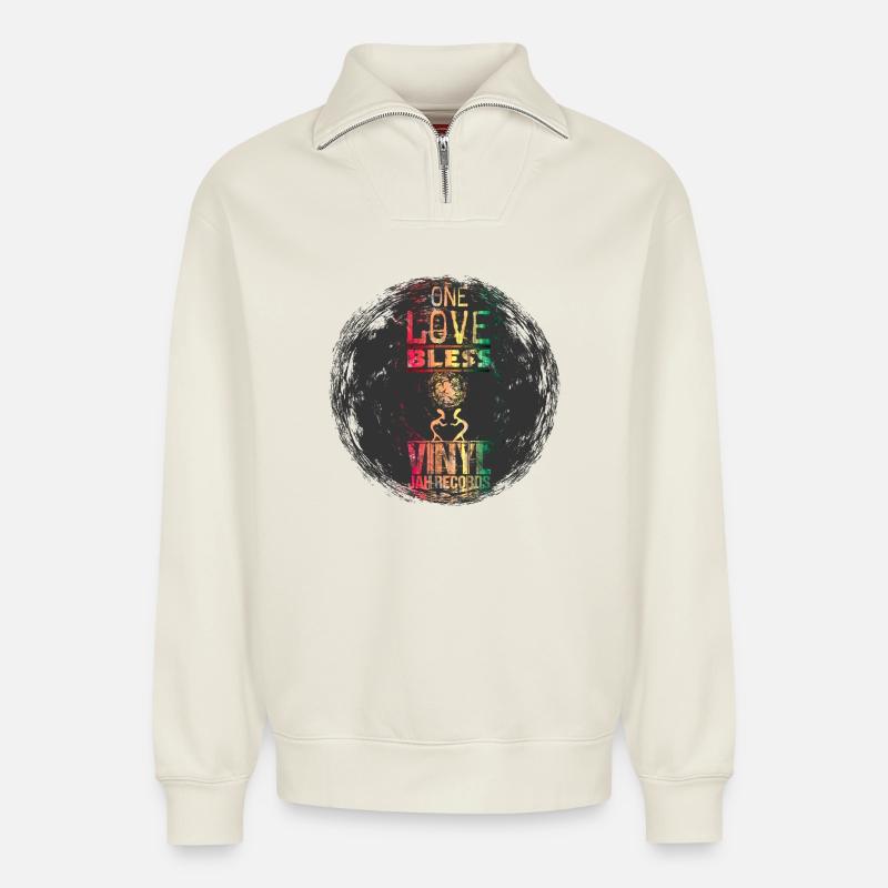 vinyl reggae - Relaxed Unisex Organic Half Zip Sweatshirt – by SPREAD - off white