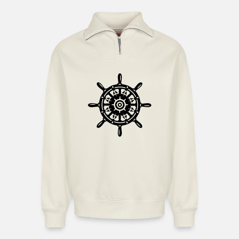 Une roue de bateau - Sweat unisexe décontracté en coton biologique à demi-zip – de SPREAD - blanc cassé