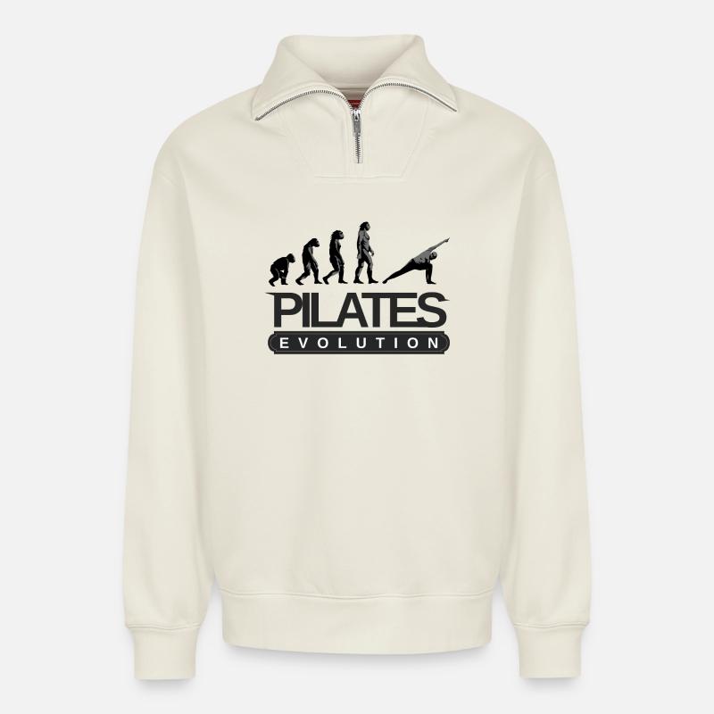 Pilates Evolution Fitness Training Spruch - Relaxed Unisex Organic Half Zip Sweatshirt – von SPREAD - Naturweiß