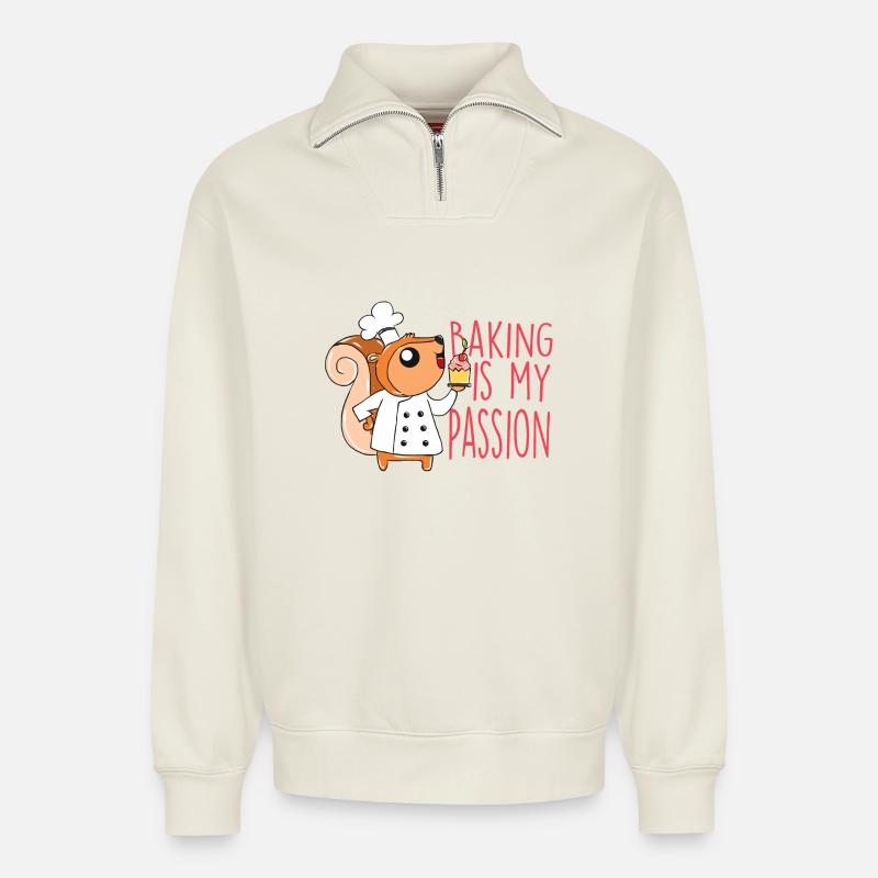 Baking squirrel - Relaxed Unisex Organic Half Zip Sweatshirt – by SPREAD - off white