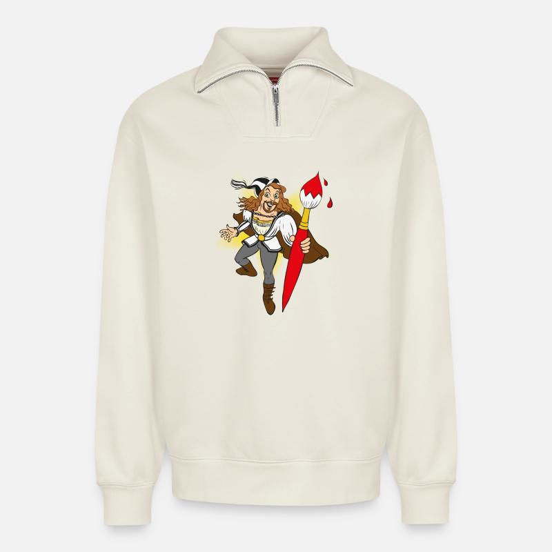 duerer-comic - Sweat unisexe décontracté en coton biologique à demi-zip – de SPREAD - blanc cassé