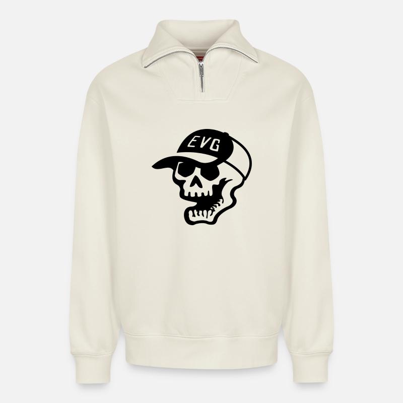 EVG Skull noir - Sweat unisexe décontracté en coton biologique à demi-zip – de SPREAD - blanc cassé