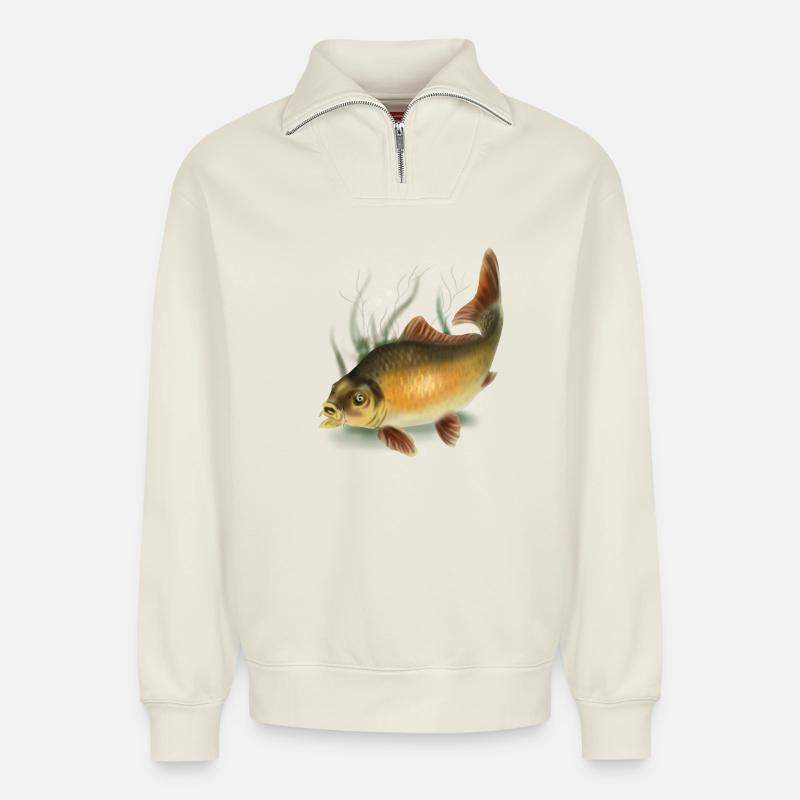 carp - Relaxed Unisex Organic Half Zip Sweatshirt – by SPREAD - off white