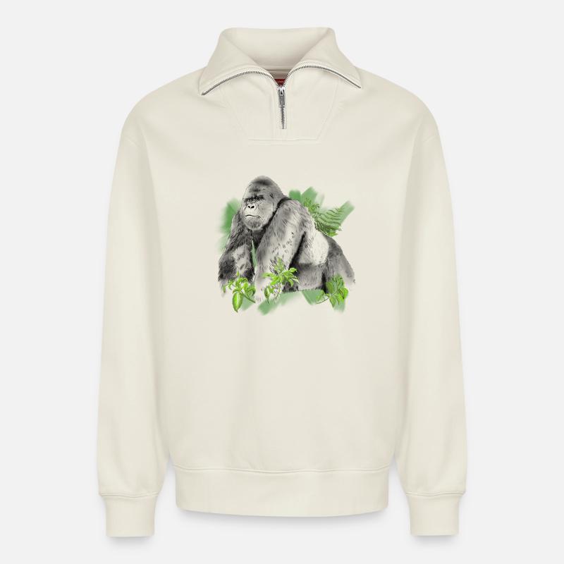 Gorilla - Sweat unisexe décontracté en coton biologique à demi-zip – de SPREAD - blanc cassé