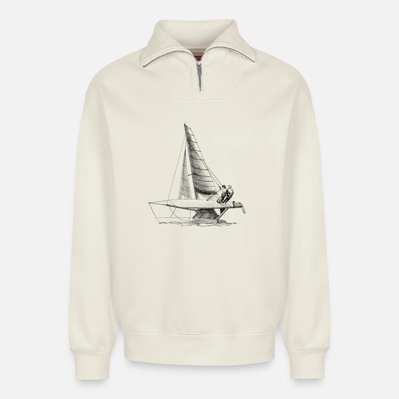 catamaran - Sweat unisexe décontracté en coton biologique à demi-zip – de SPREAD - blanc cassé