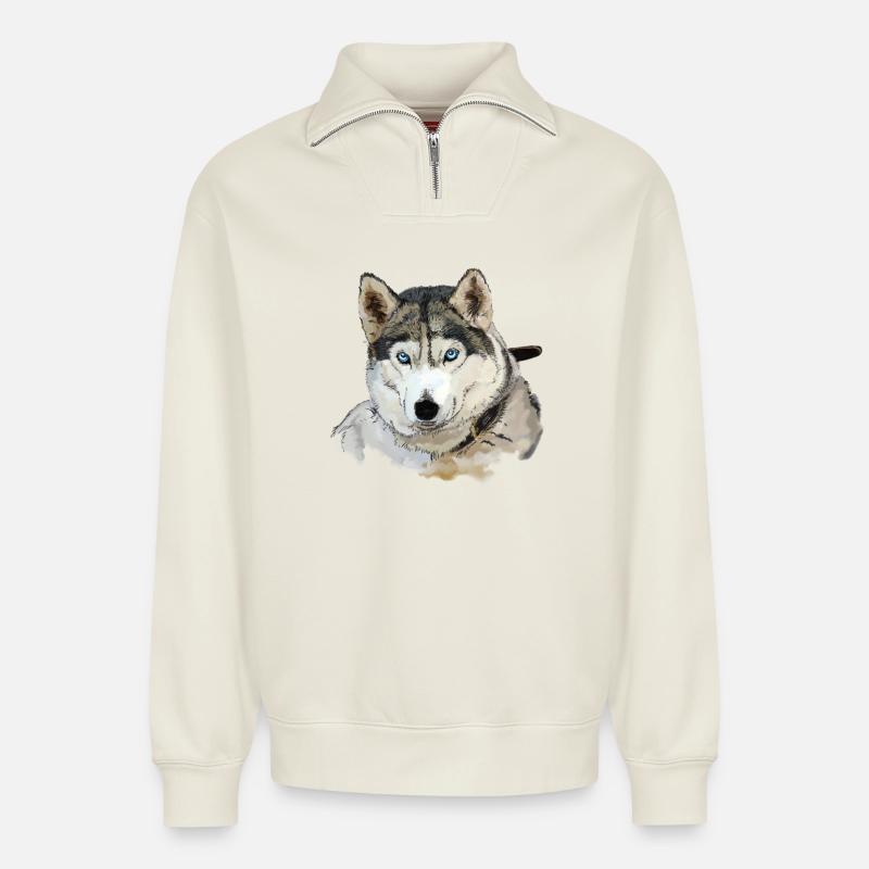 Husky - Sweat unisexe décontracté en coton biologique à demi-zip – de SPREAD - blanc cassé