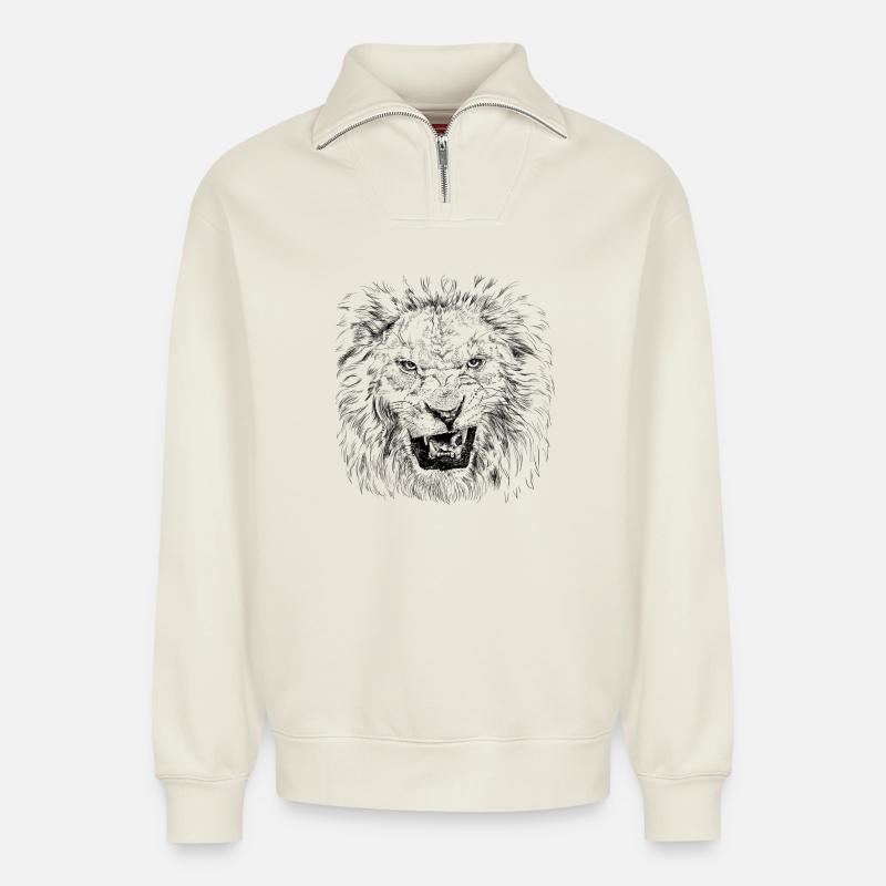 Löwe - Relaxed Unisex Organic Half Zip Sweatshirt – von SPREAD - Naturweiß