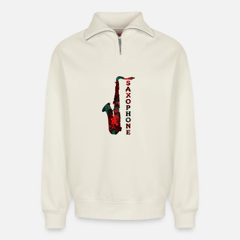Saxophone Design / Musikinstrument - Relaxed Unisex Organic Half Zip Sweatshirt – von SPREAD - Naturweiß