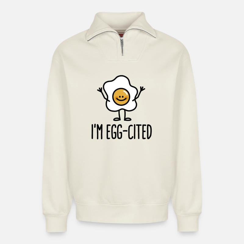 I'm EGG-cited - Sweat unisexe décontracté en coton biologique à demi-zip – de SPREAD - blanc cassé