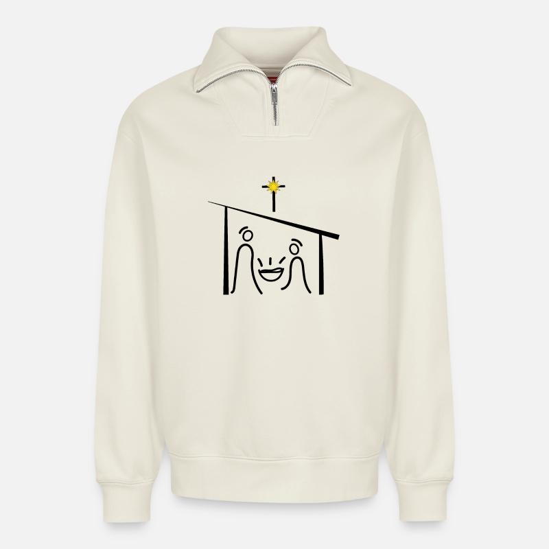 Weihnachtskrippe, Jesus, Weihnacht, Advent - Relaxed Unisex Organic Half Zip Sweatshirt – von SPREAD - Naturweiß