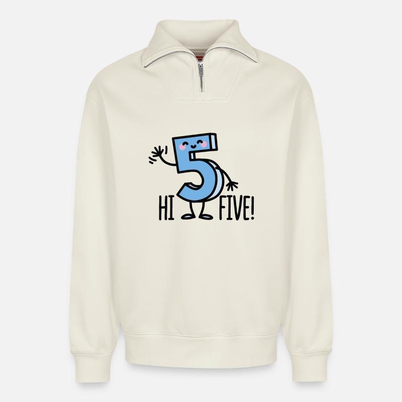 Hi Five! - Sweat unisexe décontracté en coton biologique à demi-zip – de SPREAD - blanc cassé