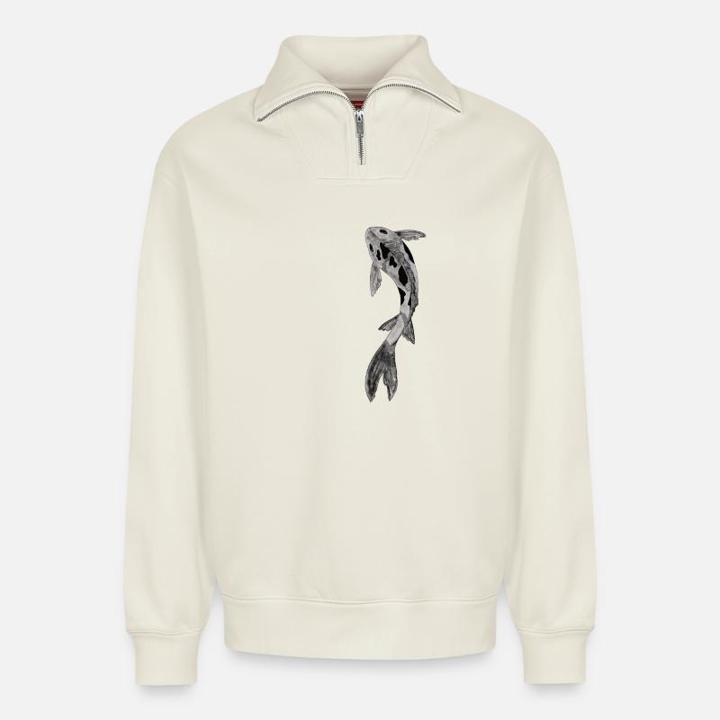 Koi Silhouette auf Schwarz - Relaxed Unisex Organic Half Zip Sweatshirt – von SPREAD - Naturweiß