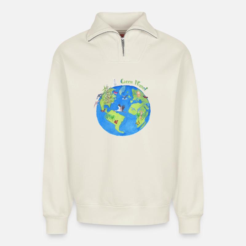 Planète verte - planète - Sweat unisexe décontracté en coton biologique à demi-zip – de SPREAD - blanc cassé