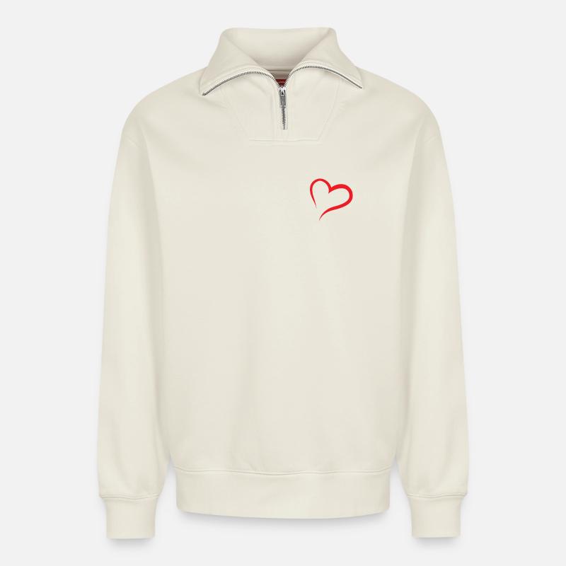 Rotes Herz - Relaxed Unisex Organic Half Zip Sweatshirt – von SPREAD - Naturweiß