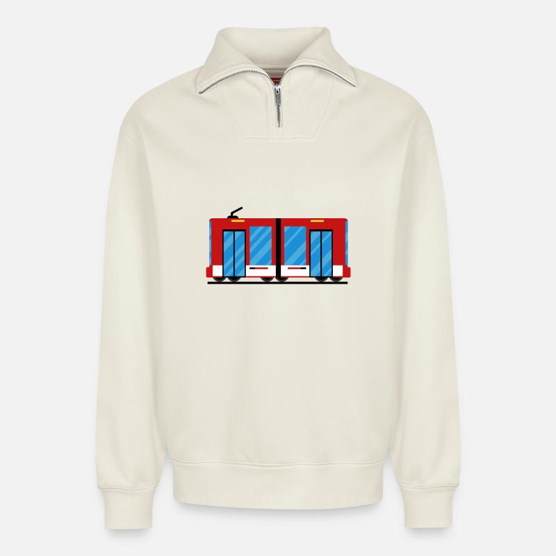 Tram tram train - Sweat unisexe décontracté en coton biologique à demi-zip – de SPREAD - blanc cassé