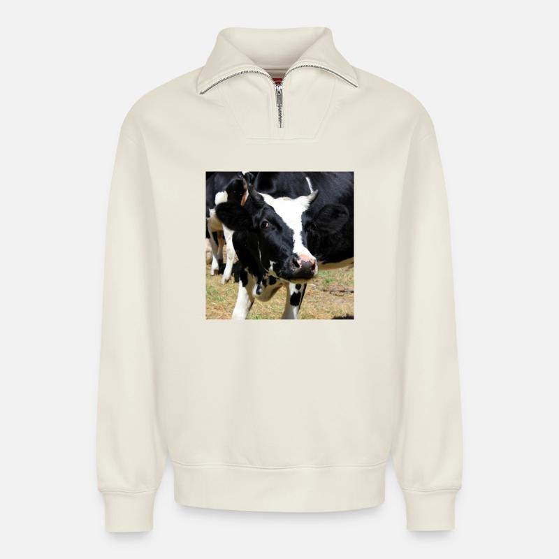 Affiche vache - Sweat unisexe décontracté en coton biologique à demi-zip – de SPREAD - blanc cassé