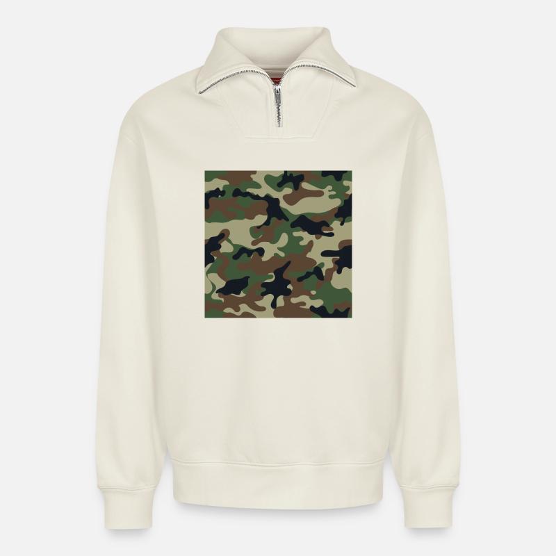 Wallpapered traditional camouflage patterns - Relaxed Unisex Organic Half Zip Sweatshirt – by SPREAD - off white