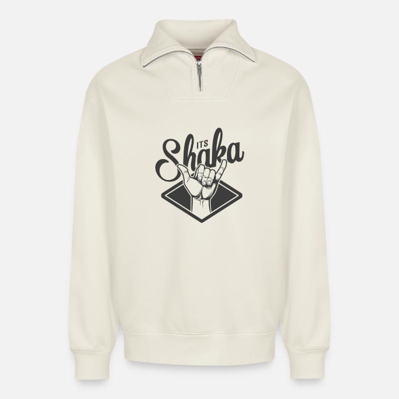 Logo surf Its shaka - Relaxed Unisex Organic Half Zip Sweatshirt – von SPREAD - Naturweiß