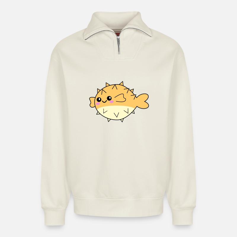 Poisson-globe mignon animal - Sweat unisexe décontracté en coton biologique à demi-zip – de SPREAD - blanc cassé