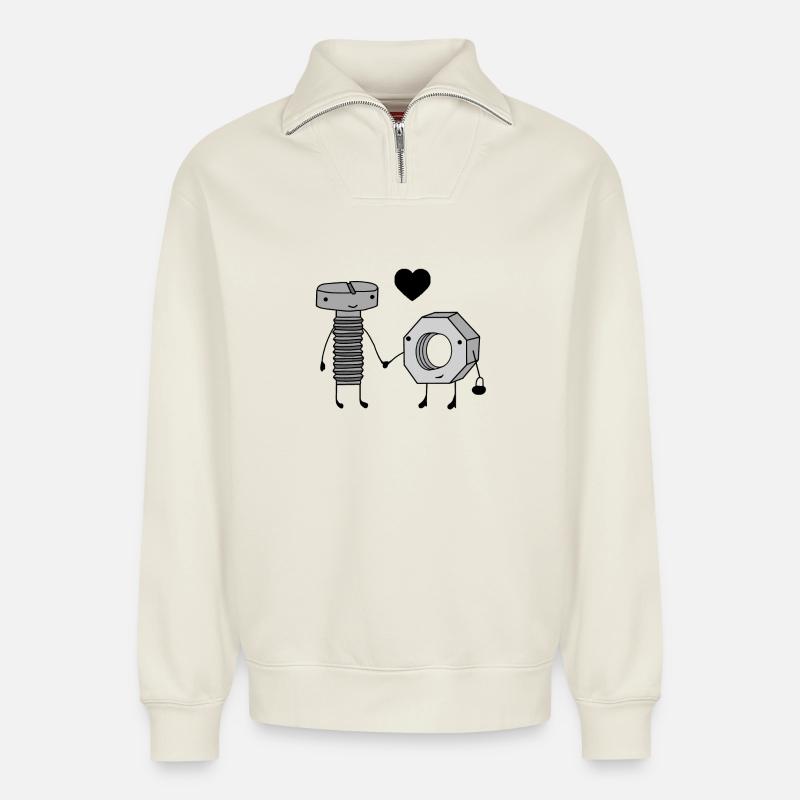 Illustration de vis techniques - Sweat unisexe décontracté en coton biologique à demi-zip – de SPREAD - blanc cassé