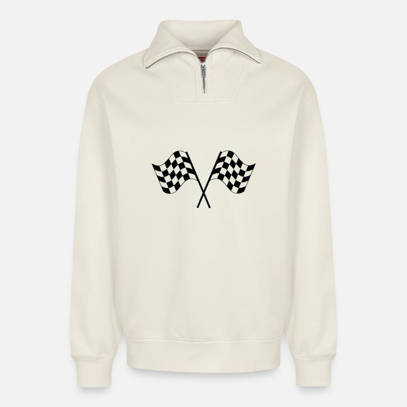 Checkered Racing Flags - Relaxed Unisex Organic Half Zip Sweatshirt – by SPREAD - off white
