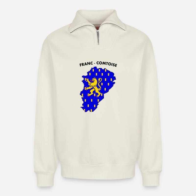 franc-comtoise - Sweat unisexe décontracté en coton biologique à demi-zip – de SPREAD - blanc cassé