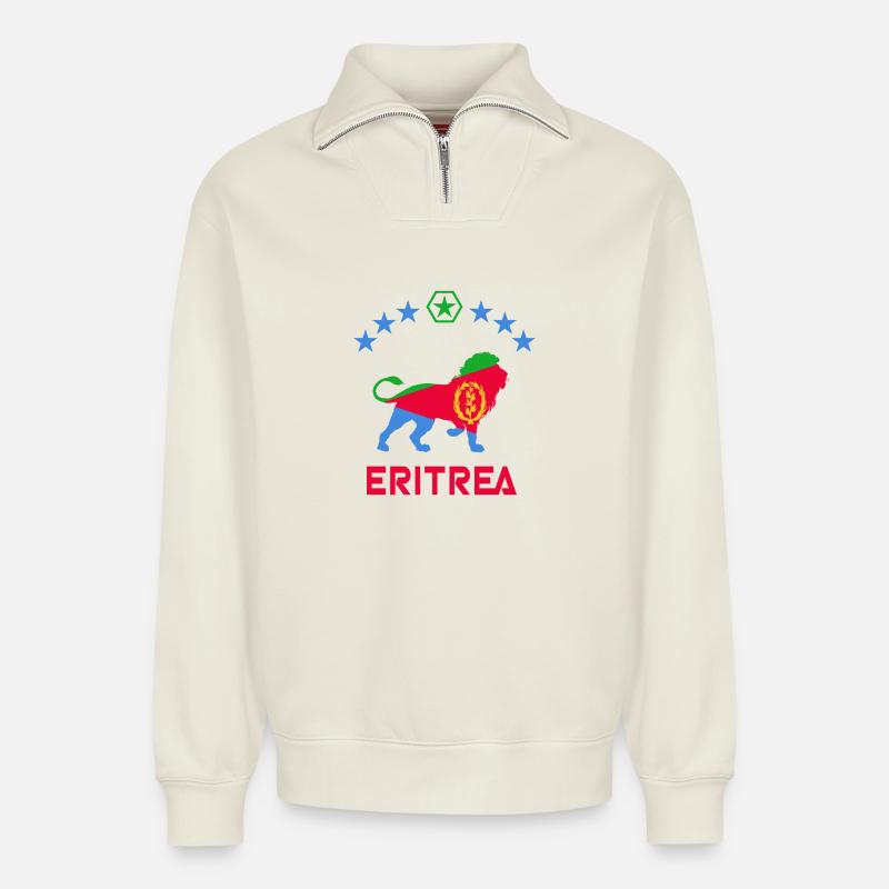 Conception de lion d'Érythrée - Sweat unisexe décontracté en coton biologique à demi-zip – de SPREAD - blanc cassé