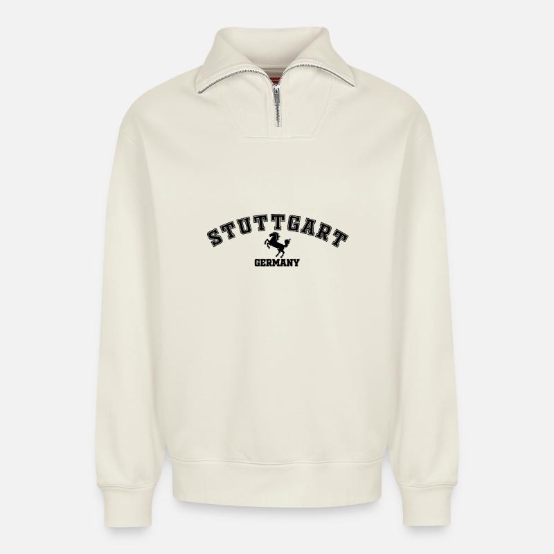 Stuttgart Germany - Relaxed Unisex Organic Half Zip Sweatshirt – by SPREAD - off white