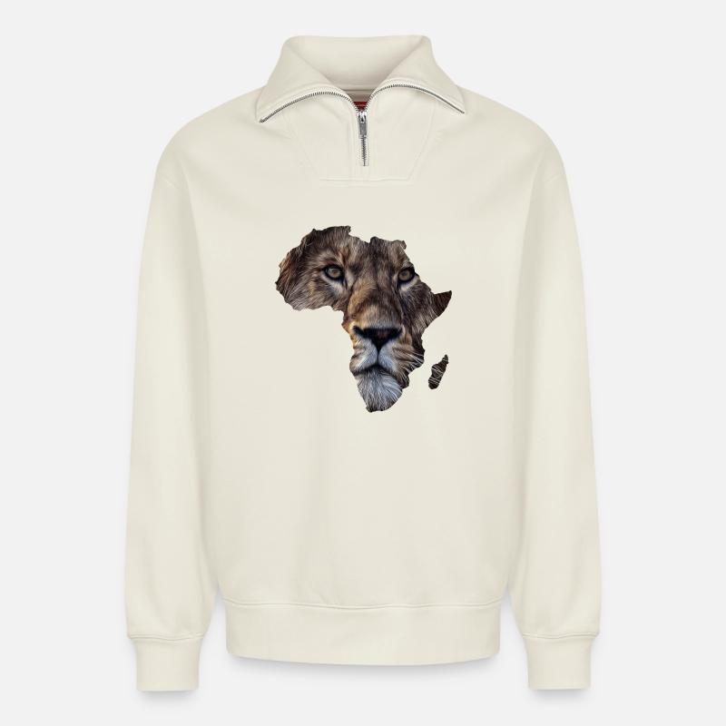 Africa lion - Relaxed Unisex Organic Half Zip Sweatshirt – by SPREAD - off white