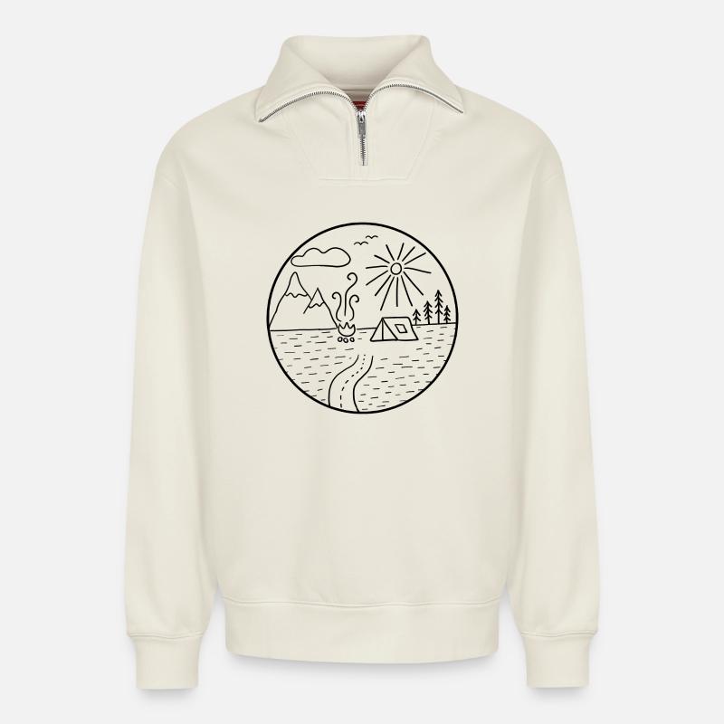 camping - Sweat unisexe décontracté en coton biologique à demi-zip – de SPREAD - blanc cassé