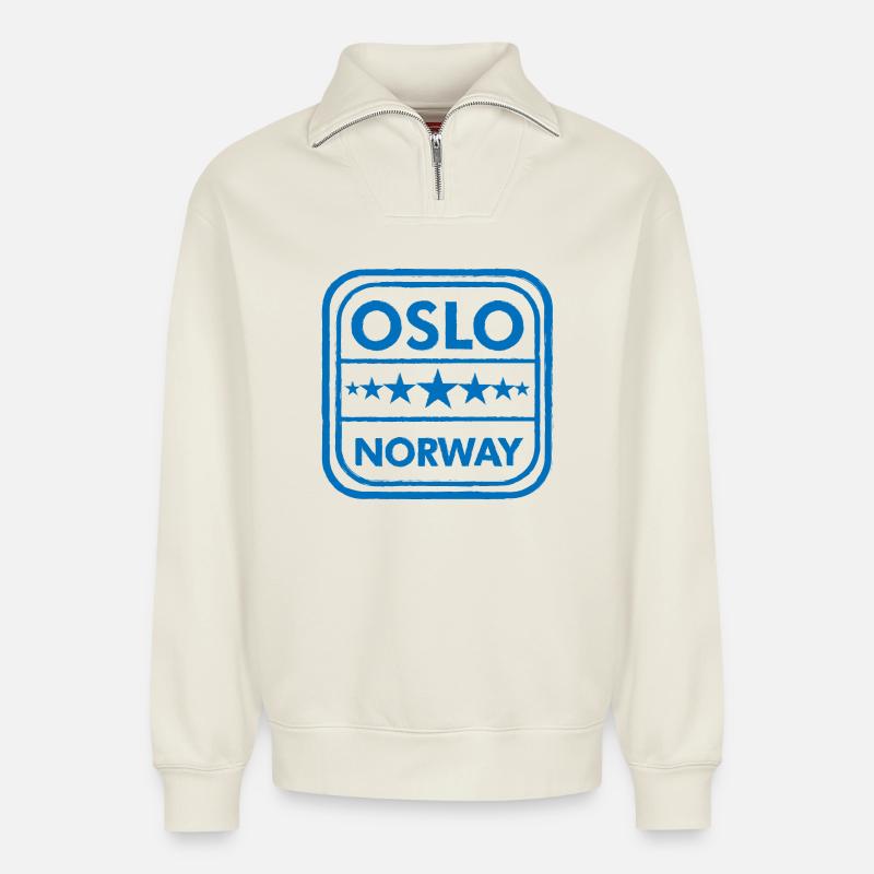 Oslo Norwegen Abzeichen - Relaxed Unisex Organic Half Zip Sweatshirt – von SPREAD - Naturweiß