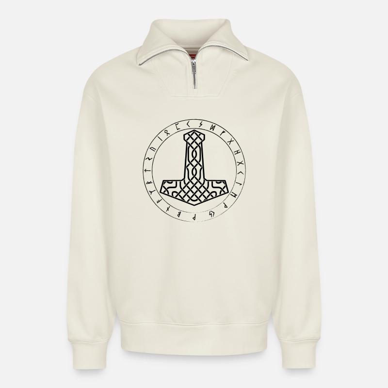 Mjollnir Viking symbol - Relaxed Unisex Organic Half Zip Sweatshirt – by SPREAD - off white