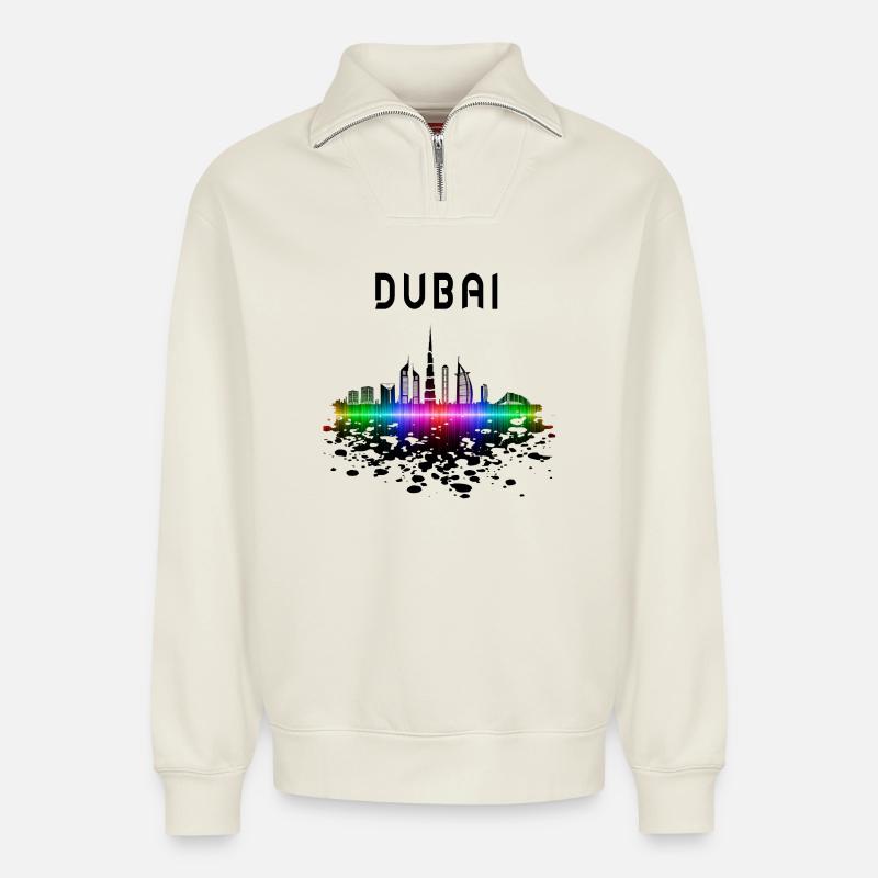 Dubai Skyline Splash Design / Gift - Relaxed Unisex Organic Half Zip Sweatshirt – by SPREAD - off white