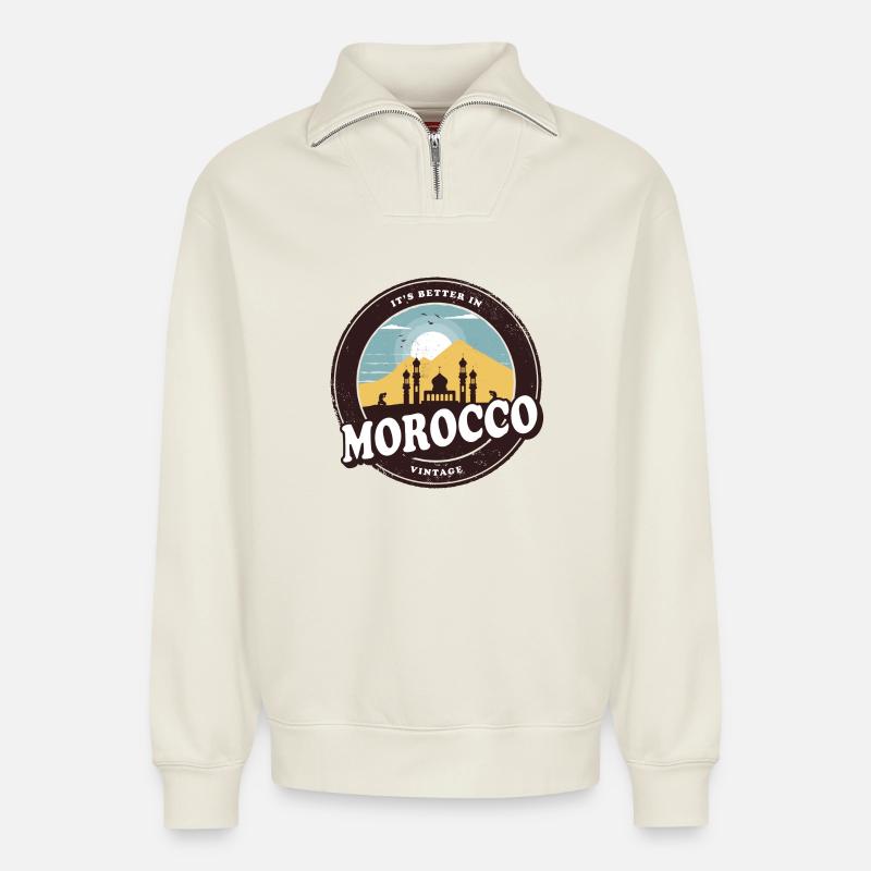Maroc Vintage Mosquée Design - Sweat unisexe décontracté en coton biologique à demi-zip – de SPREAD - blanc cassé