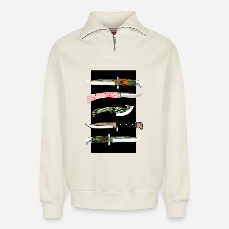 Camouflage Messer - Relaxed Unisex Organic Half Zip Sweatshirt – von SPREAD - Naturweiß