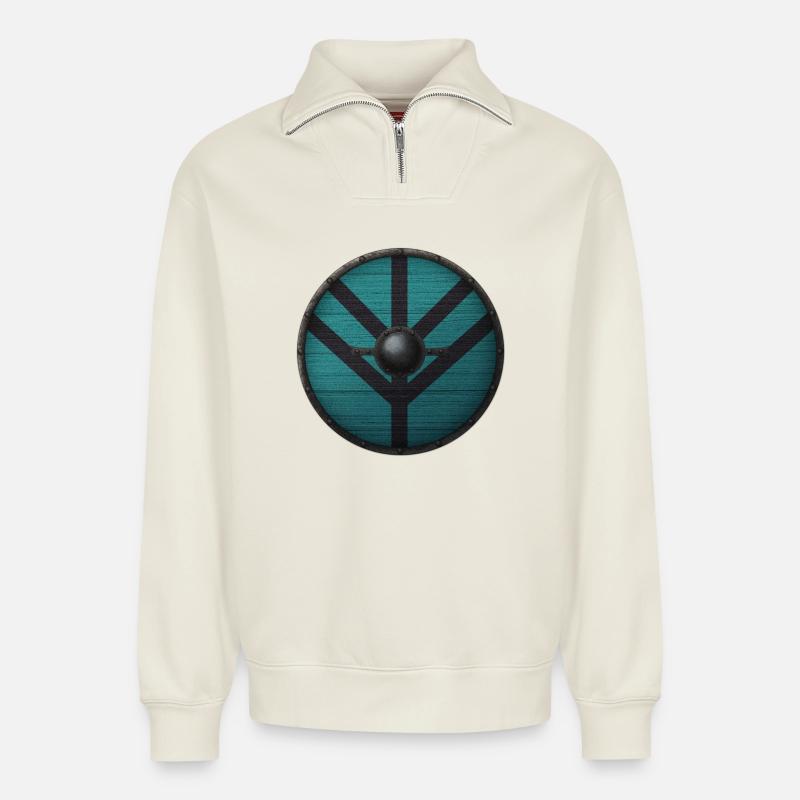 Bouclier Viking - Sweat unisexe décontracté en coton biologique à demi-zip – de SPREAD - blanc cassé