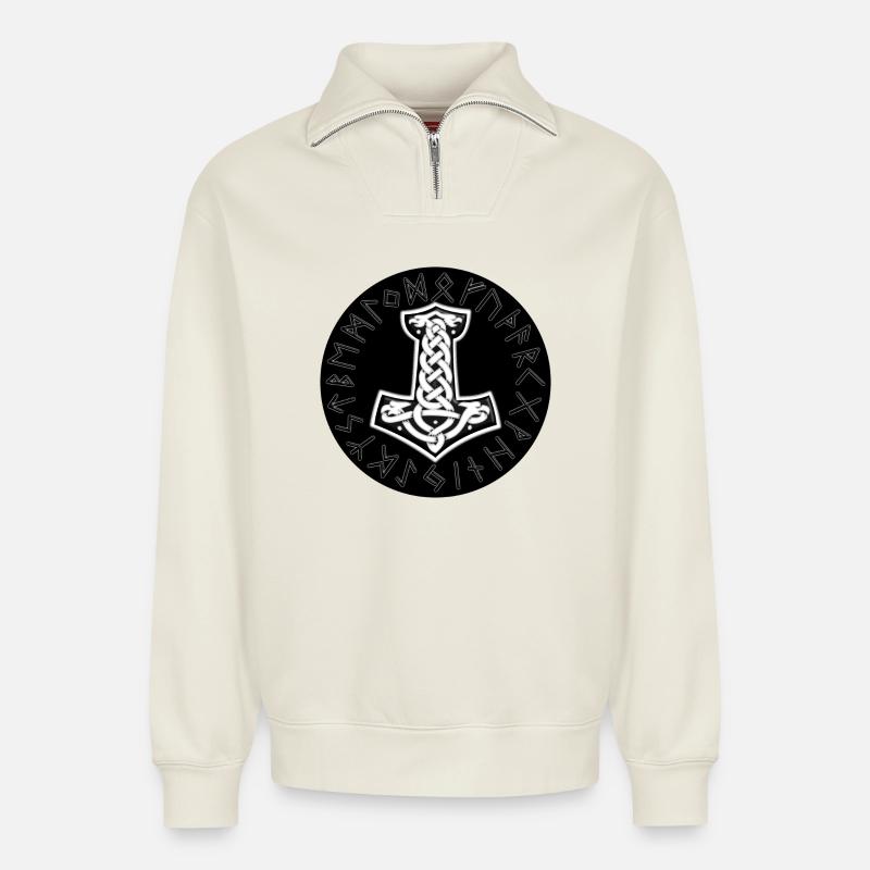 Mjölnir Keltischer Runenknoten - Relaxed Unisex Organic Half Zip Sweatshirt – von SPREAD - Naturweiß