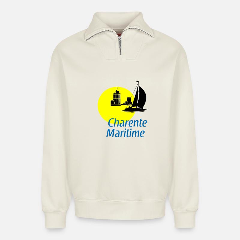 Charente-maritime - Sweat unisexe décontracté en coton biologique à demi-zip – de SPREAD - blanc cassé