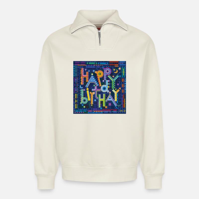 The Birthday Theme - Relaxed Unisex Organic Half Zip Sweatshirt – von SPREAD - Naturweiß