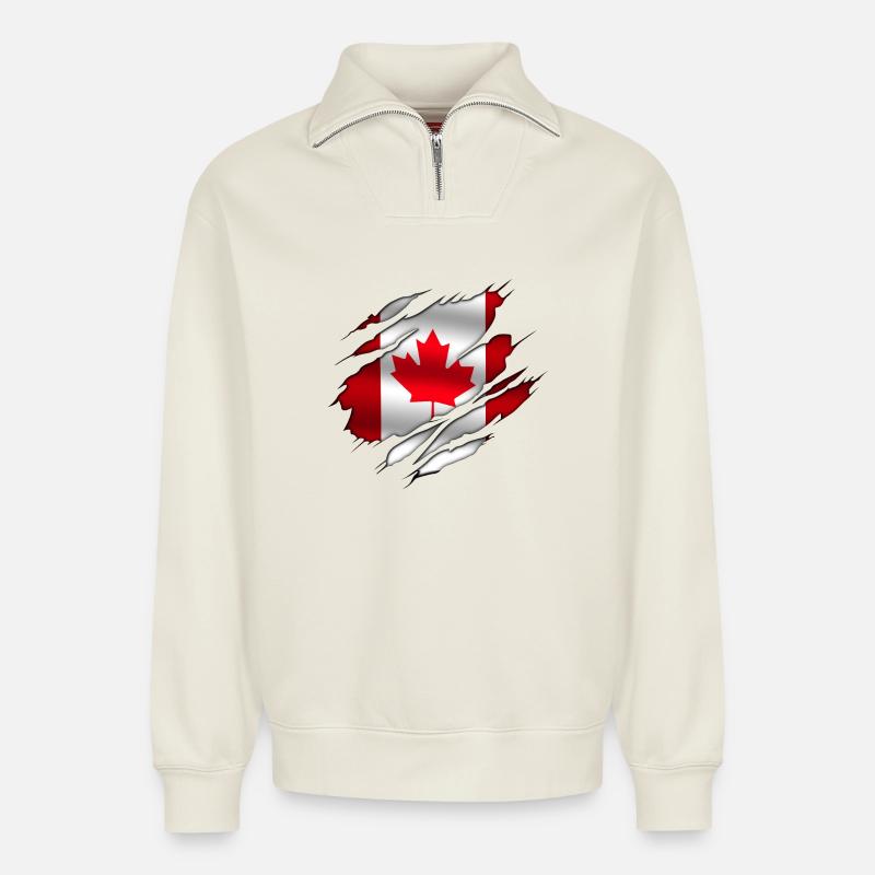 Canada (Canada) - Sweat unisexe décontracté en coton biologique à demi-zip – de SPREAD - blanc cassé